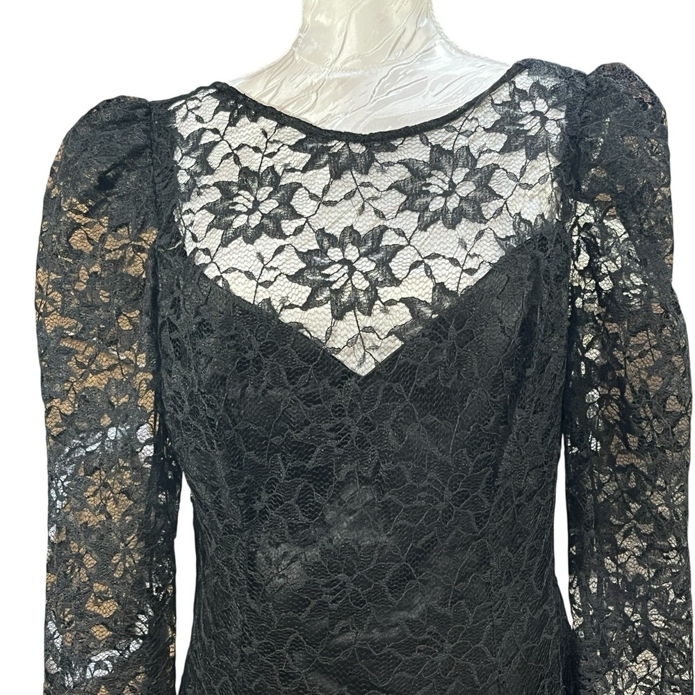 Vintage 80s Satin & Lace Midi Dress Layered‎ Skirt Sheer Sleeves Bow Formal Gala